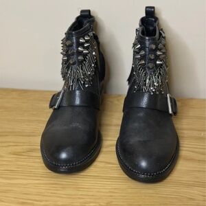 Zara Black Leather Ankle Boots with Studded Fringe and Buckle